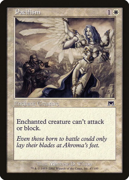 Pacifism trading card from Onslaught Pacifism - Onslaught Magic: The Gathering trading card