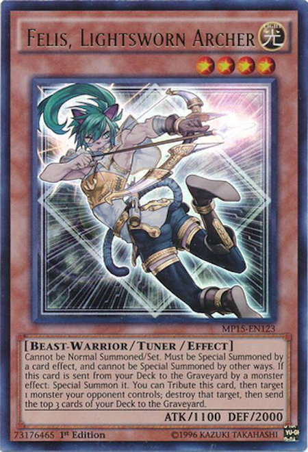 Felis, Lightsworn Archer trading card from 2015 Mega-Tins Mega Pack Felis, Lightsworn Archer - 2015 Mega-Tins Mega Pack YuGiOh trading card