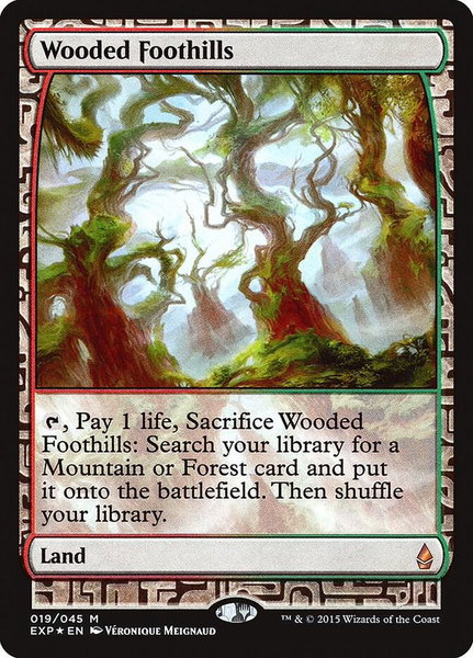 Wooded Foothills trading card from Zendikar Expeditions Wooded Foothills - Zendikar Expeditions Magic: The Gathering trading card