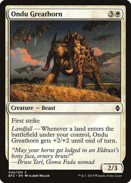 Ondu Greathorn trading card from Battle for Zendikar Ondu Greathorn - Battle for Zendikar Magic: The Gathering trading card