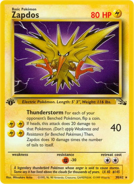 Zapdos (30) - Fossil Pokémon trading card