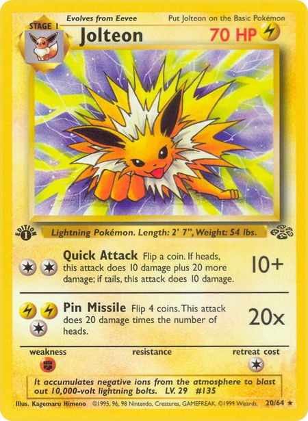 Jolteon (20) trading card from Jungle Jolteon (20) - Jungle Pokémon trading card