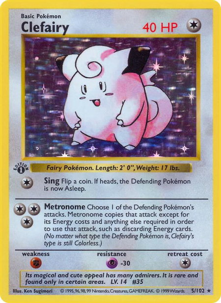 Clefairy trading card from Base Set (Shadowless) Clefairy - Base Set (Shadowless) Pokémon trading card