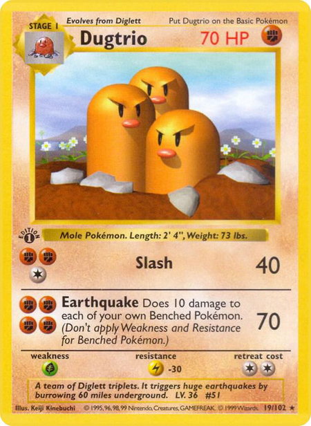 Dugtrio trading card from Base Set (Shadowless) Dugtrio - Base Set (Shadowless) Pokémon trading card