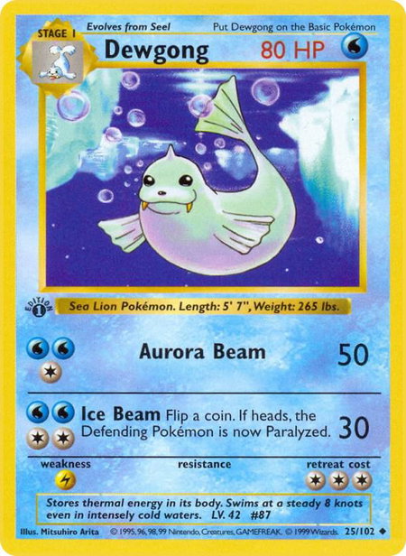 Dewgong trading card from Base Set (Shadowless) Dewgong - Base Set (Shadowless) Pokémon trading card
