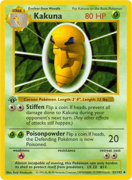 Kakuna trading card from Base Set (Shadowless) Kakuna - Base Set (Shadowless) Pokémon trading card