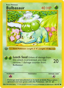 Bulbasaur - Base Set (Shadowless) (BSS) #044/102 - Common Pokémon Trading Card