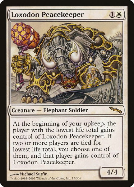 Loxodon Peacekeeper trading card from Mirrodin Loxodon Peacekeeper - Mirrodin Magic: The Gathering trading card