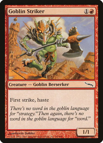 Goblin Striker trading card from Mirrodin Goblin Striker - Mirrodin Magic: The Gathering trading card