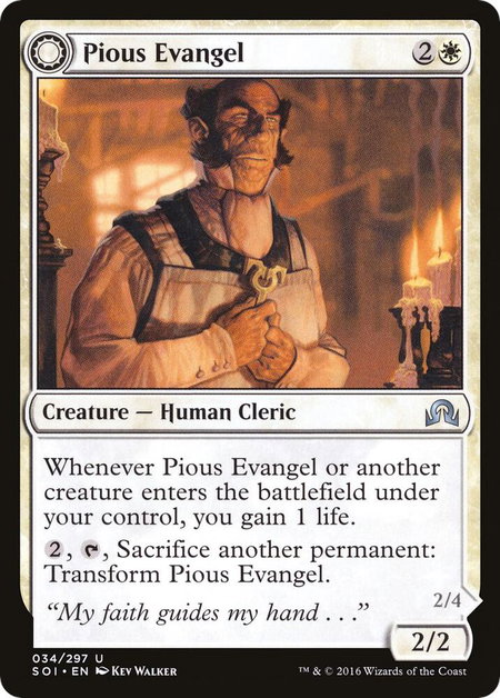 Pious Evangel trading card from Shadows over Innistrad Pious Evangel - Shadows over Innistrad Magic: The Gathering trading card