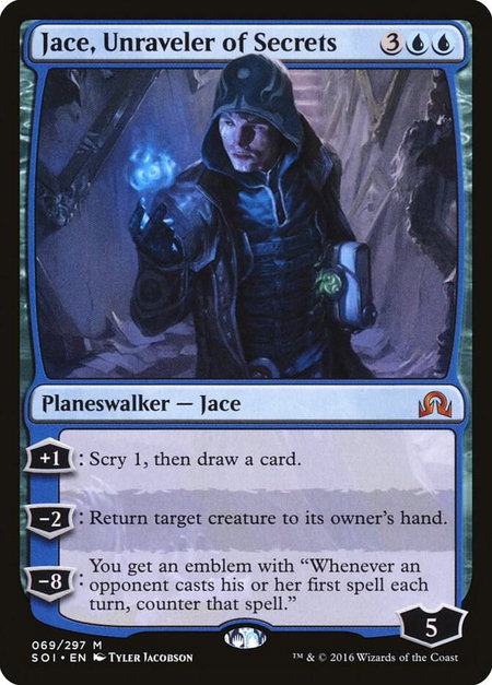 Jace, Unraveler of Secrets trading card from Shadows over Innistrad Jace, Unraveler of Secrets - Shadows over Innistrad Magic: The Gathering trading card