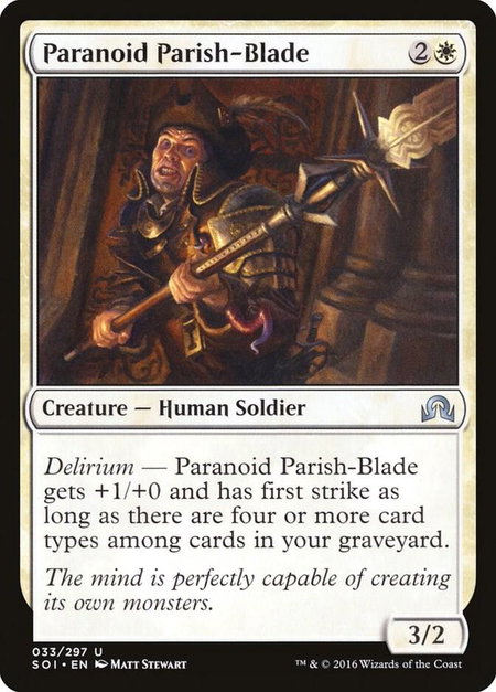 Paranoid Parish-Blade trading card from Shadows over Innistrad Paranoid Parish-Blade - Shadows over Innistrad Magic: The Gathering trading card