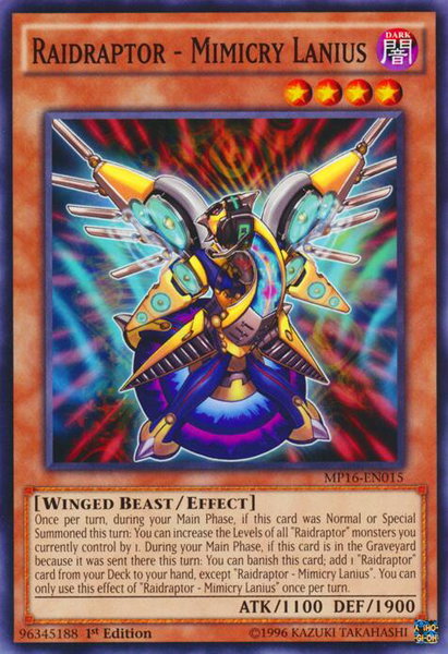 Raidraptor - Mimicry Lanius trading card from 2016 Mega-Tins Mega Pack Raidraptor - Mimicry Lanius - 2016 Mega-Tins Mega Pack YuGiOh trading card
