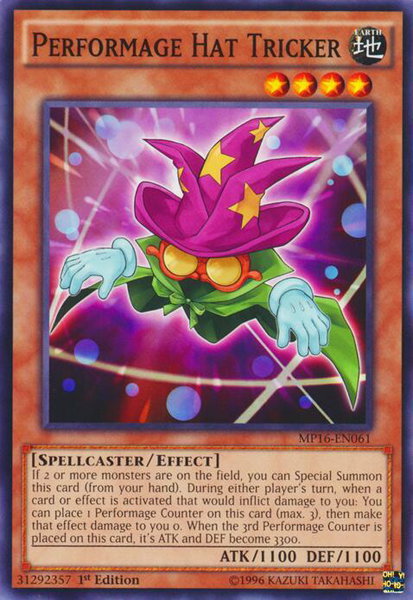 Performage Hat Tricker trading card from 2016 Mega-Tins Mega Pack Performage Hat Tricker - 2016 Mega-Tins Mega Pack YuGiOh trading card