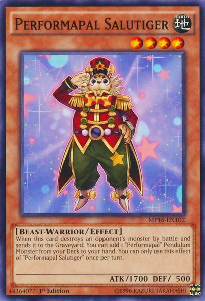 Performapal Salutiger trading card from 2016 Mega-Tins Mega Pack Performapal Salutiger - 2016 Mega-Tins Mega Pack YuGiOh trading card