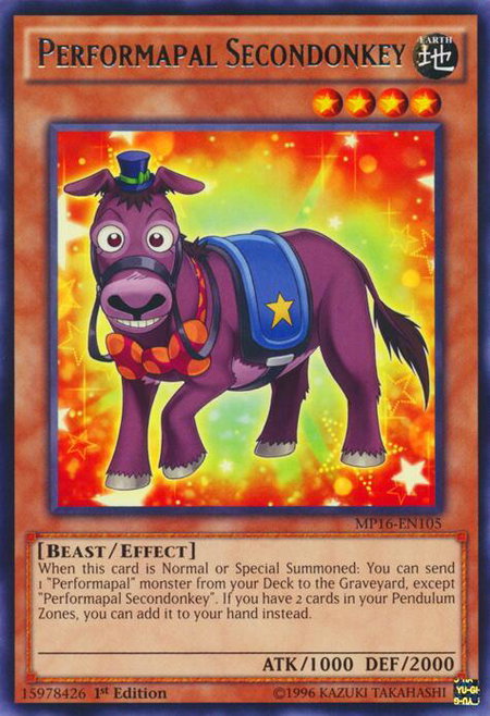 Performapal Secondonkey trading card from 2016 Mega-Tins Mega Pack Performapal Secondonkey - 2016 Mega-Tins Mega Pack YuGiOh trading card