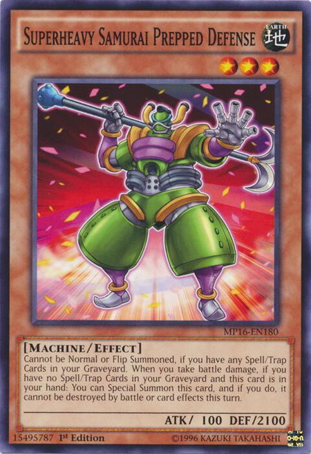 Superheavy Samurai Prepped Defense trading card from 2016 Mega-Tins Mega Pack Superheavy Samurai Prepped Defense - 2016 Mega-Tins Mega Pack YuGiOh trading card