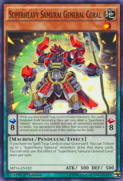 Superheavy Samurai General Coral trading card from 2016 Mega-Tins Mega Pack Superheavy Samurai General Coral - 2016 Mega-Tins Mega Pack YuGiOh trading card