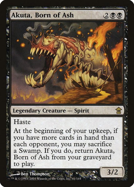Akuta, Born of Ash trading card from Saviors of Kamigawa Akuta, Born of Ash - Saviors of Kamigawa Magic: The Gathering trading card