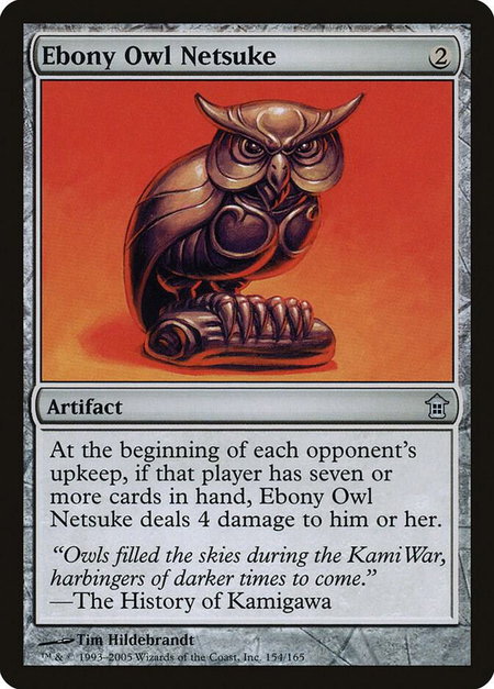 Ebony Owl Netsuke trading card from Saviors of Kamigawa Ebony Owl Netsuke - Saviors of Kamigawa Magic: The Gathering trading card
