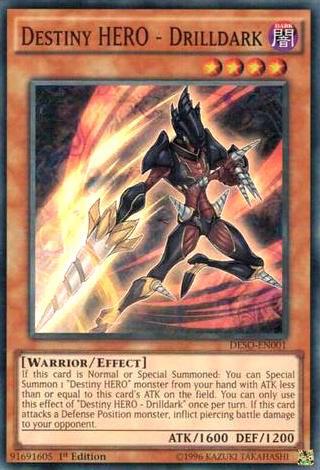 Destiny HERO - Drilldark trading card from Destiny Soldiers Destiny HERO - Drilldark - Destiny Soldiers YuGiOh trading card