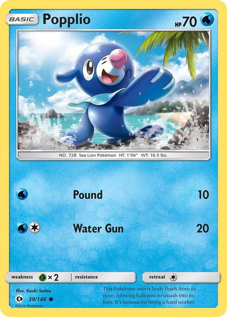 Popplio trading card from SM Base Set Popplio - SM Base Set Pokémon trading card