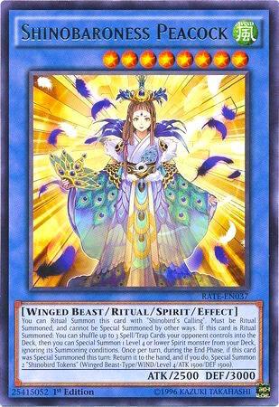 Shinobaroness Peacock trading card from Raging Tempest Shinobaroness Peacock - Raging Tempest YuGiOh trading card