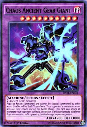 Chaos Ancient Gear Giant trading card from Raging Tempest Chaos Ancient Gear Giant - Raging Tempest YuGiOh trading card
