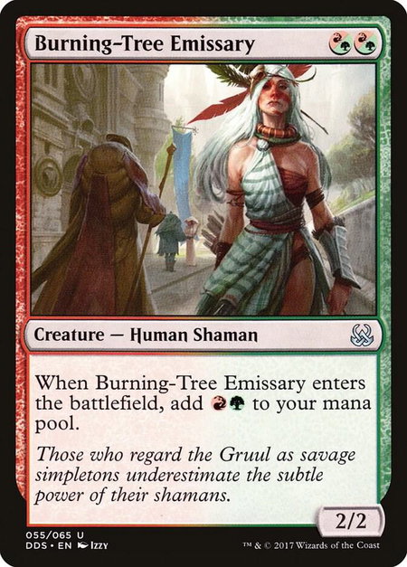 Burning-Tree Emissary trading card from Duel Decks: Mind vs. Might Burning-Tree Emissary - Duel Decks: Mind vs. Might Magic: The Gathering trading card