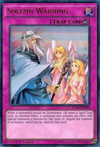 Solemn Warning trading card from Duelist Saga Solemn Warning - Duelist Saga YuGiOh trading card