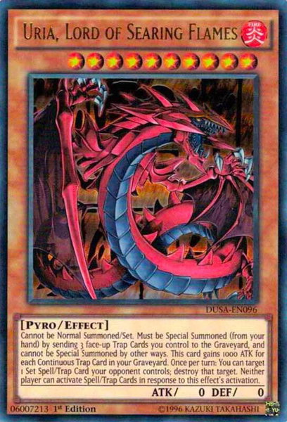 Uria, Lord of Searing Flames trading card from Duelist Saga Uria, Lord of Searing Flames - Duelist Saga YuGiOh trading card