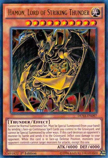 Hamon, Lord of Striking Thunder trading card from Duelist Saga Hamon, Lord of Striking Thunder - Duelist Saga YuGiOh trading card