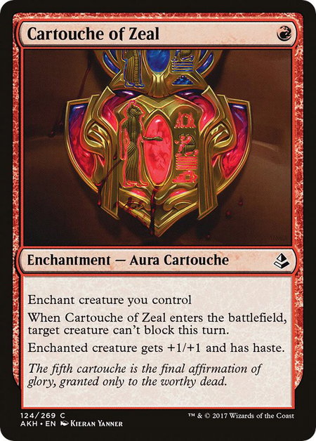 Cartouche of Zeal trading card from Amonkhet Cartouche of Zeal - Amonkhet Magic: The Gathering trading card