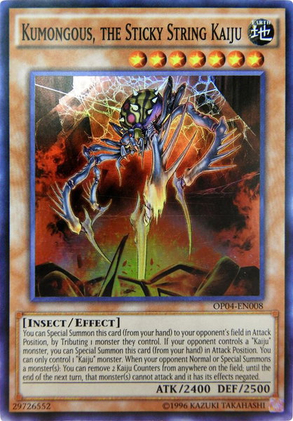 Kumongous, the Sticky String Kaiju trading card from OTS Tournament Pack 4 Kumongous, the Sticky String Kaiju - OTS Tournament Pack 4 YuGiOh trading card
