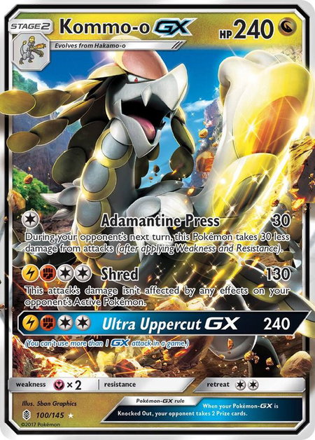 Kommo-o GX trading card from SM - Guardians Rising Kommo-o GX - SM - Guardians Rising Pokémon trading card