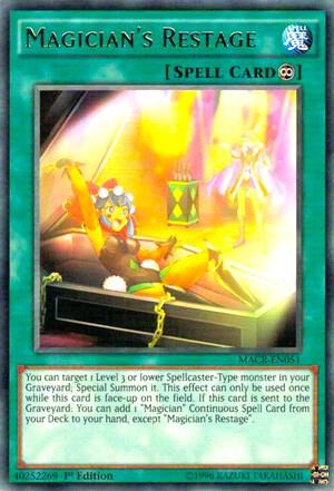 Magician's Restage trading card from Maximum Crisis Magician's Restage - Maximum Crisis YuGiOh trading card