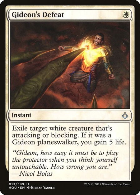 Gideon's Defeat trading card from Hour of Devastation Gideon's Defeat - Hour of Devastation Magic: The Gathering trading card
