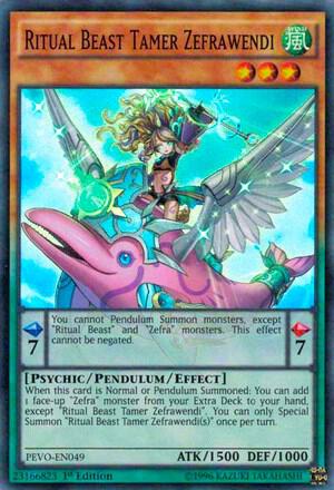 Ritual Beast Tamer Zefrawendi trading card from Pendulum Evolution Ritual Beast Tamer Zefrawendi - Pendulum Evolution YuGiOh trading card