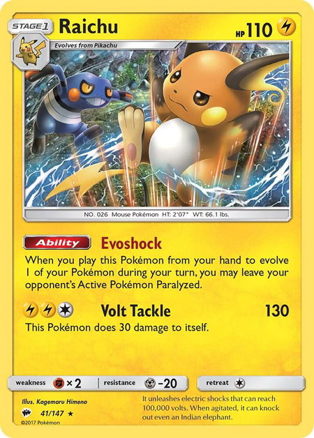 Raichu trading card from SM - Burning Shadows Raichu - SM - Burning Shadows Pokémon trading card