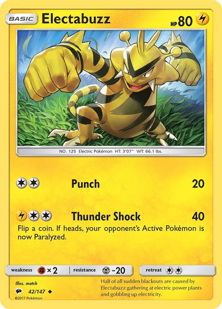 Electabuzz trading card from SM - Burning Shadows Electabuzz - SM - Burning Shadows Pokémon trading card