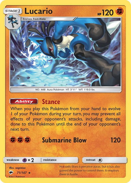 Lucario trading card from SM - Burning Shadows Lucario - SM - Burning Shadows Pokémon trading card