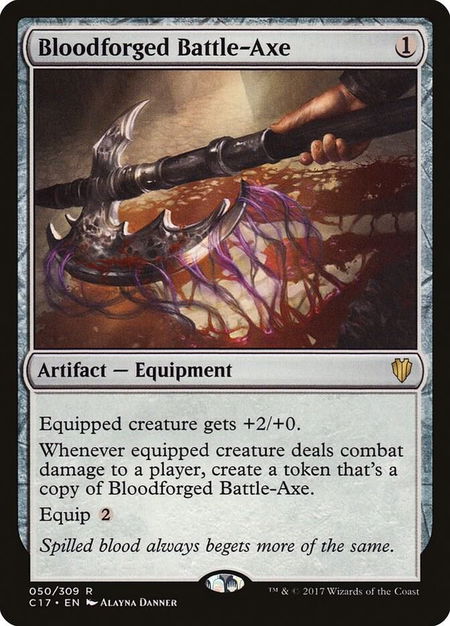 Bloodforged Battle-Axe trading card from Commander 2017 Bloodforged Battle-Axe - Commander 2017 Magic: The Gathering trading card