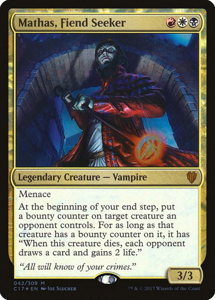 Mathas, Fiend Seeker trading card from Commander 2017 Mathas, Fiend Seeker - Commander 2017 Magic: The Gathering trading card