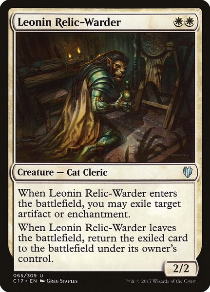 Leonin Relic-Warder trading card from Commander 2017 Leonin Relic-Warder - Commander 2017 Magic: The Gathering trading card