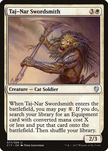 Taj-Nar Swordsmith trading card from Commander 2017 Taj-Nar Swordsmith - Commander 2017 Magic: The Gathering trading card
