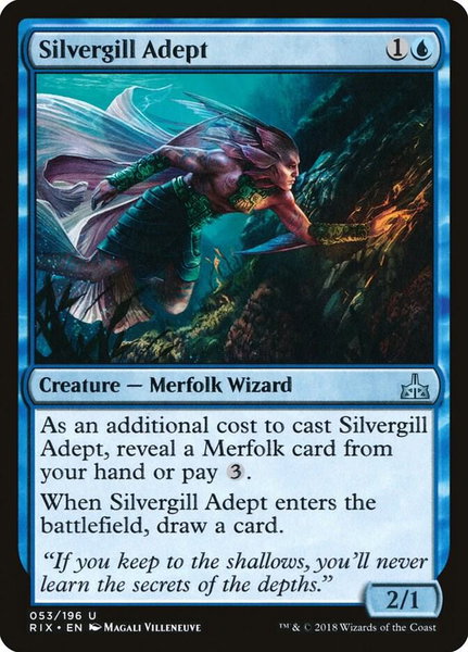 Silvergill Adept trading card from Rivals of Ixalan Silvergill Adept - Rivals of Ixalan Magic: The Gathering trading card