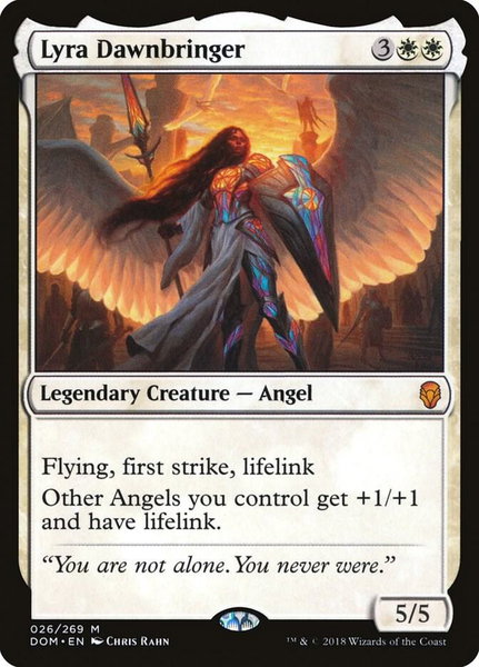 Lyra Dawnbringer trading card from Dominaria Lyra Dawnbringer - Dominaria Magic: The Gathering trading card