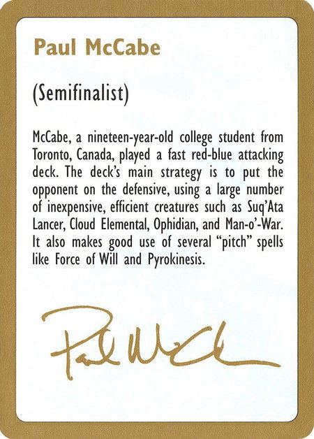 1997 Paul McCabe Biography Card - World Championship Decks Magic: The Gathering trading card
