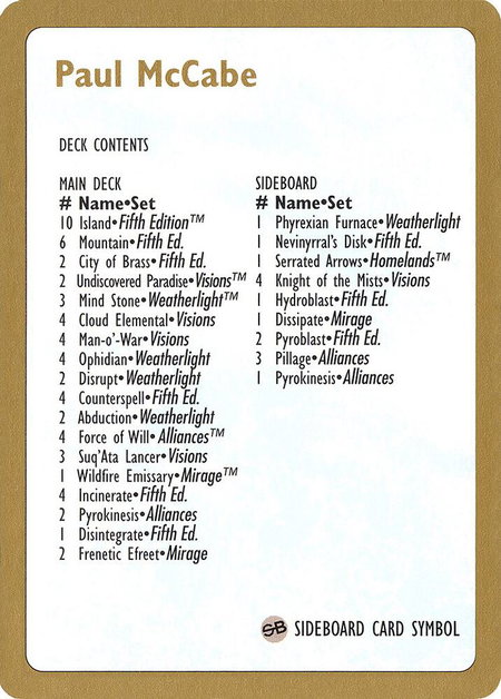 1997 Paul McCabe Decklist Card trading card from World Championship Decks 1997 Paul McCabe Decklist Card - World Championship Decks Magic: The Gathering trading card