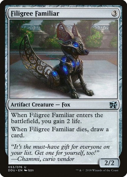 Filigree Familiar trading card from Duel Decks: Elves vs. Inventors Filigree Familiar - Duel Decks: Elves vs. Inventors Magic: The Gathering trading card